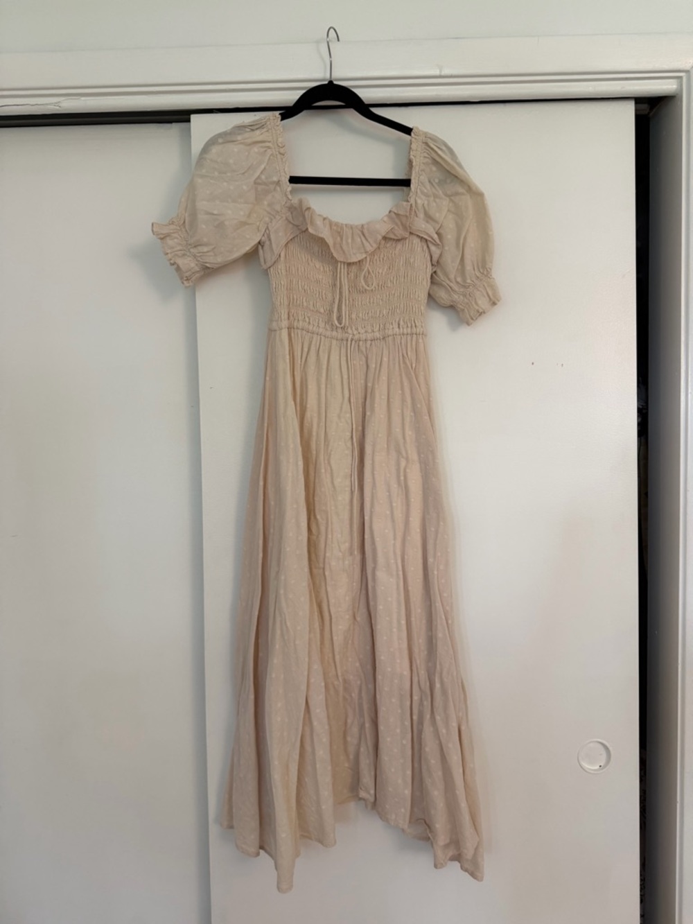Amazon Light Beige Smocked Midi Dress with Puff Sleeves